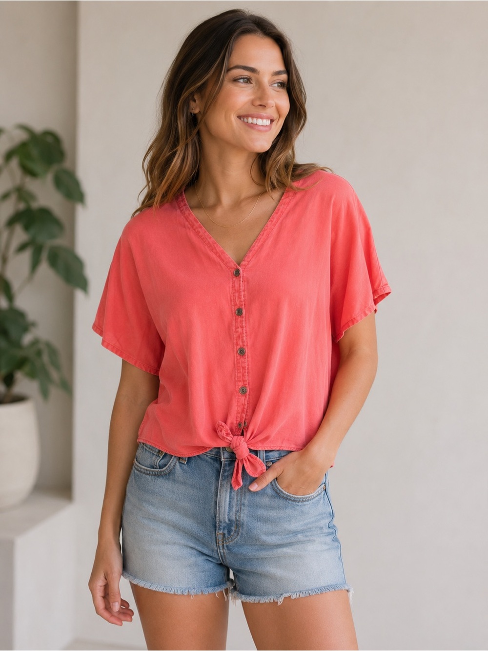 Velvet Hearts | Coral Button-Down with Tie Detail NWOT | Size Large